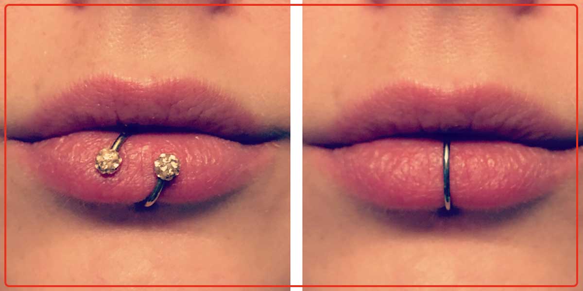 Close-up image showcasing different lip piercings with various types of jewelry.
